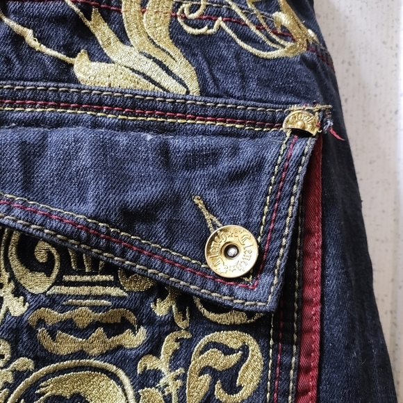 Vintage Clench Jeans Kanji Dragon Embroidery 42x32" Baggy Affliction Style 90s - Picture 6 of 16